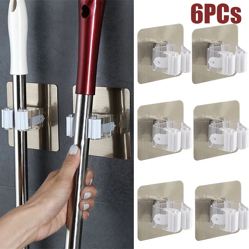 

6-piece Wall-mounted Mop Rack Self-adhesive Multifunctional Hook Broom Rack Kitchen Bathroom Storage Bag Powerful Hook Broom Rac