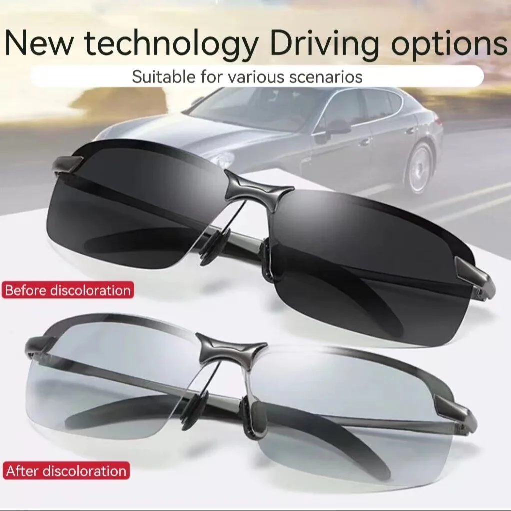 

New Design Aluminum Rimless Photochromic Sunglasses Polarized Day Night Driving Glasses Anti-Glare