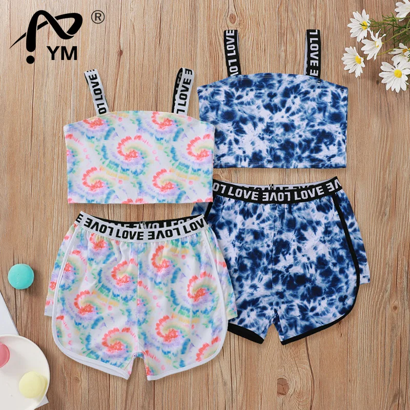 

New Summer Causal Kids Girls Clothes Sets Outfits 3-10Y Tie-Dye Letter Print Strapless Vest Tops Shorts