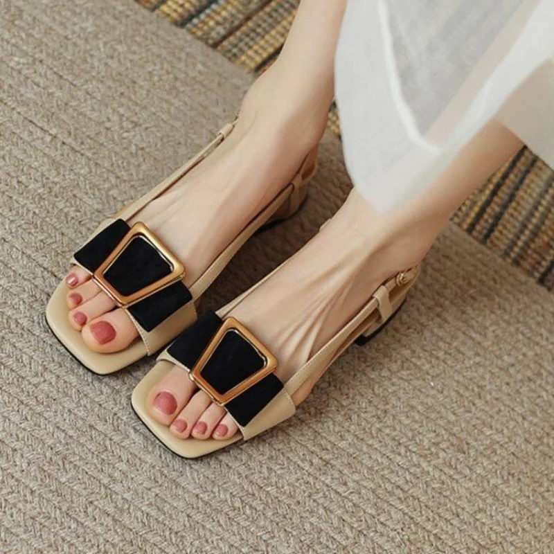 

Сандалии женские на низком каблуке, босоножки с квадратной пряжкой, открытый носок, металлический каблук, модная офисная обувь, лето