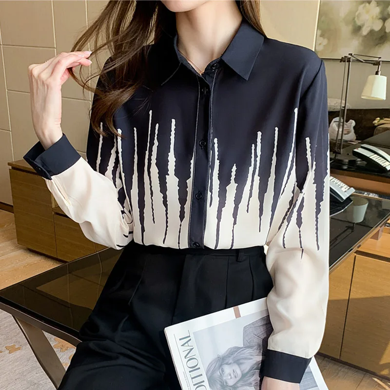 

Chiffon Loose Women's Shirts Casual Long Sleeve Blouses New Fashion Splicing Polo Top Spring 2022 Korean Style Clothing