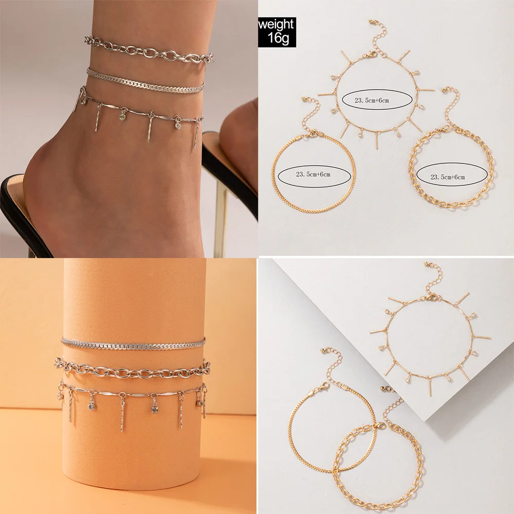 

Delicate Snake Bone Chain Tassel Anklet Three Piece Set Girls Beach Geometric Pendant Foot Bracelet Women Banquet Fashion Jewelr