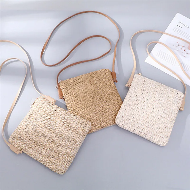 

2019 Women's Straw Plait Small Square Bags One Shoulder Slanted Across Bag Handbag Coin Purses Summer Casual Sweet Holiday Tote