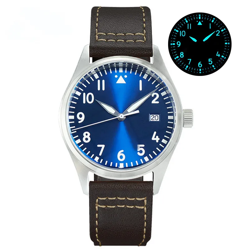 

Cronos Pilot Watch Automatic Mechanical 39mm Sunary Dial Simple Vintage Date Leather Strap Sapphire 10Bar PT5000 Dive Watch