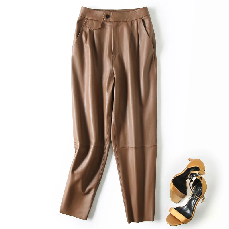 Leather Cropped Pants High Waist Women Genuine Sheepskin Solid Pencil Harem Pants 2022 New Autumn Winter Fashion Trousers SY3987