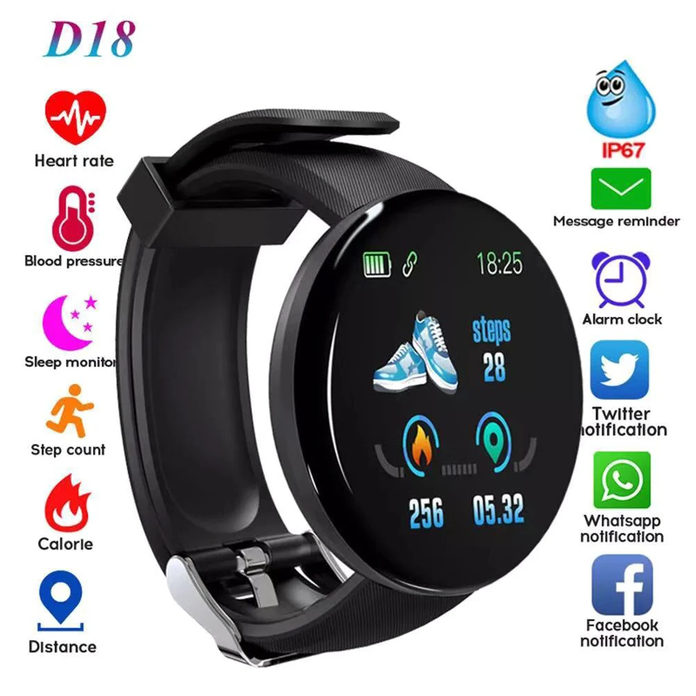 

Reloj D18 Round Smart Watch 2023 Heart Rate Smartwatch Men Women Blood pressure Step Stopwatch Android Smart Bracelet Men Women