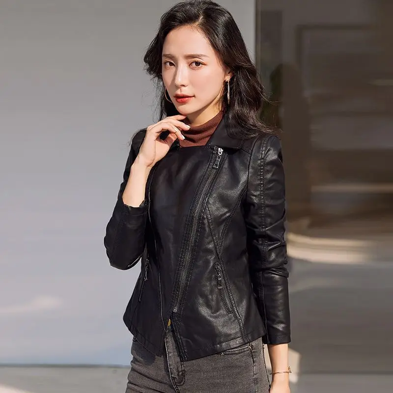 Short  Skinny Girl Black Leather Coat for Women Autumn  Winter Korean Slim Short Lapel PU Leather Motorcycle Jacket for Ladies