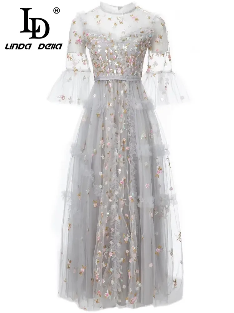 

LD LINDA DELLA 2023 Summer Runway Fashion Elegant Party Dress Women Flare Sleeve Flower Embroidery Mesh Vintage Party Midi Dress