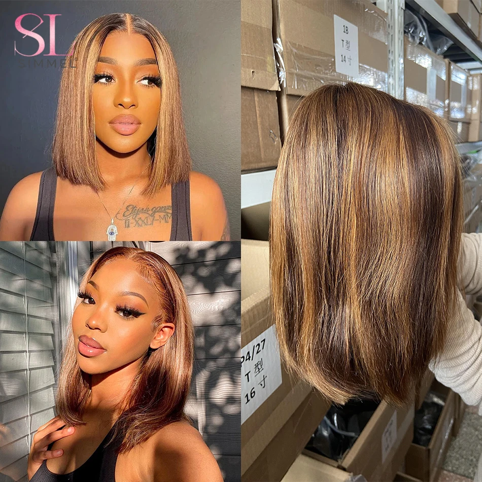 Straight Human Hair Wig Short Bob Wigs for Women Highlight Ombre 13x4 Lace Front Human Hair Wig 180% Brazilian Remy Hair SIMMEL
