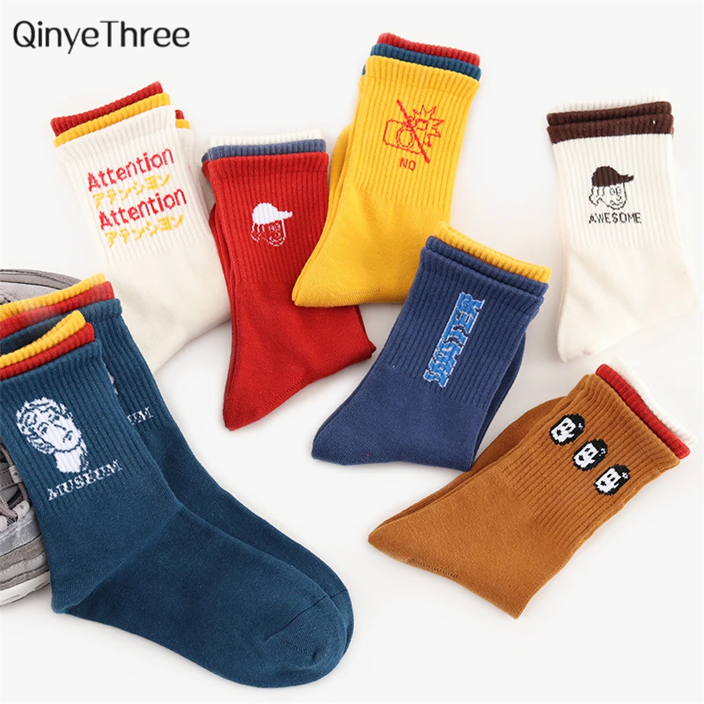 

Japanese Harajuku creative tri-color socks soft warm cotton socks ladies novelty letter cartoon sokken funny happy sox dropship