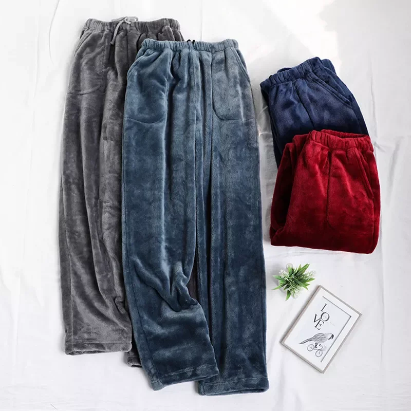

Men Winter Thick Flannel Sleep Pants Casual Pocket Pajama High Waist Loose Plus Velvet Home Pants Coral Fleece Male Sleepwear
