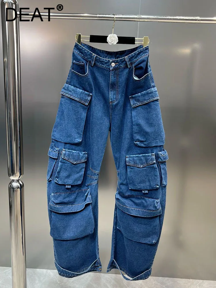 

DEAT Fashion Top-Quality Multiple Pockets Design Jean Women's Loose High Waist Cargo Denim Trouser Female 2022 Autumn 11P0339
