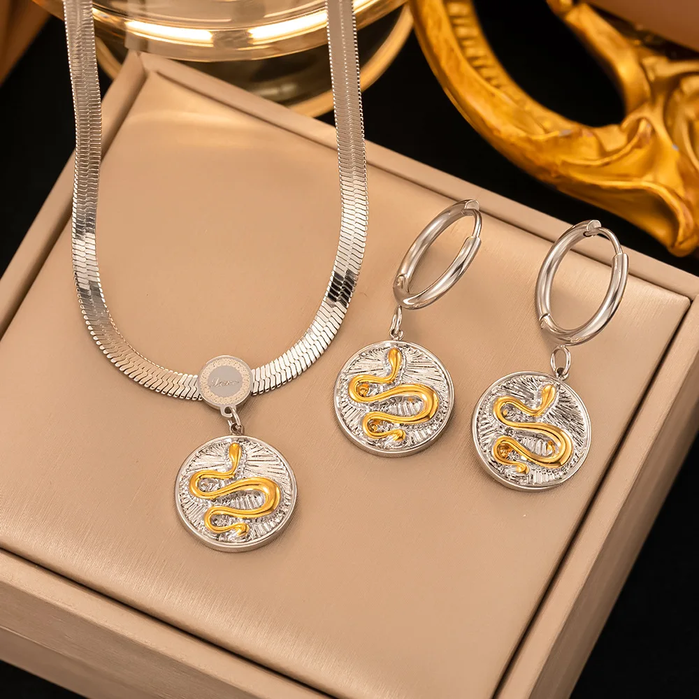 

316L Stainless Steel Full Rhinestone Snake Charm Necklace Bracelet For Women New Punk Girls Thick Chain Jewelry Set Gift