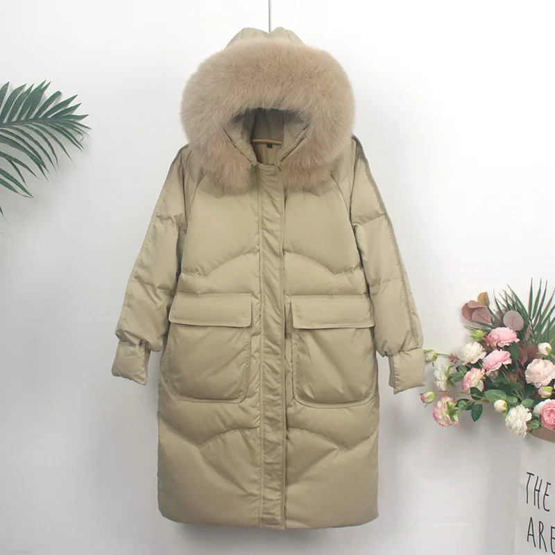 

Aoottii 2022 Fashion Winter 90% White Duck Down Jacket Women Real Natural Fox Fur Collar Hooded Coat Thick Warm Loose Outerwear