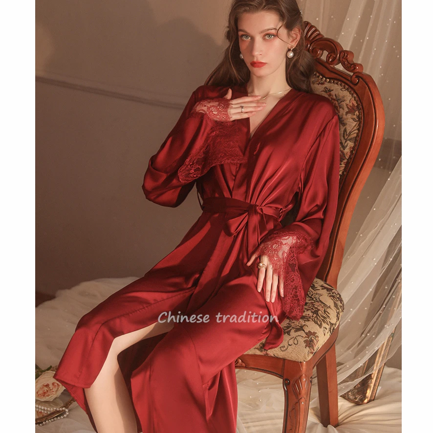 

Sexy Lace Patchwork Sleepwear Bride Burgundy Robe Gown Women Soft Satin Loungewear Intimate Lingerie Nightgown Kimono Bathrobe