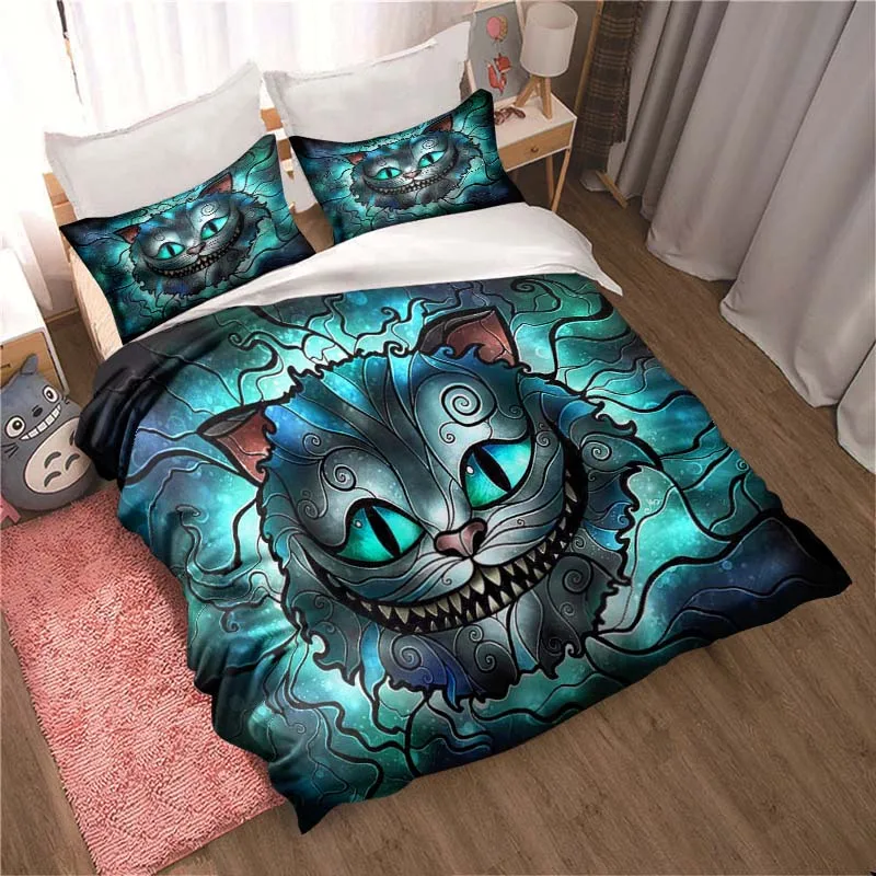 

Cartoon Alice Cheshire Cat Quilt Cover Pillowcase Set Alice in Wonderland Cute Boy Girl Creative Queen King Size Bedding Set