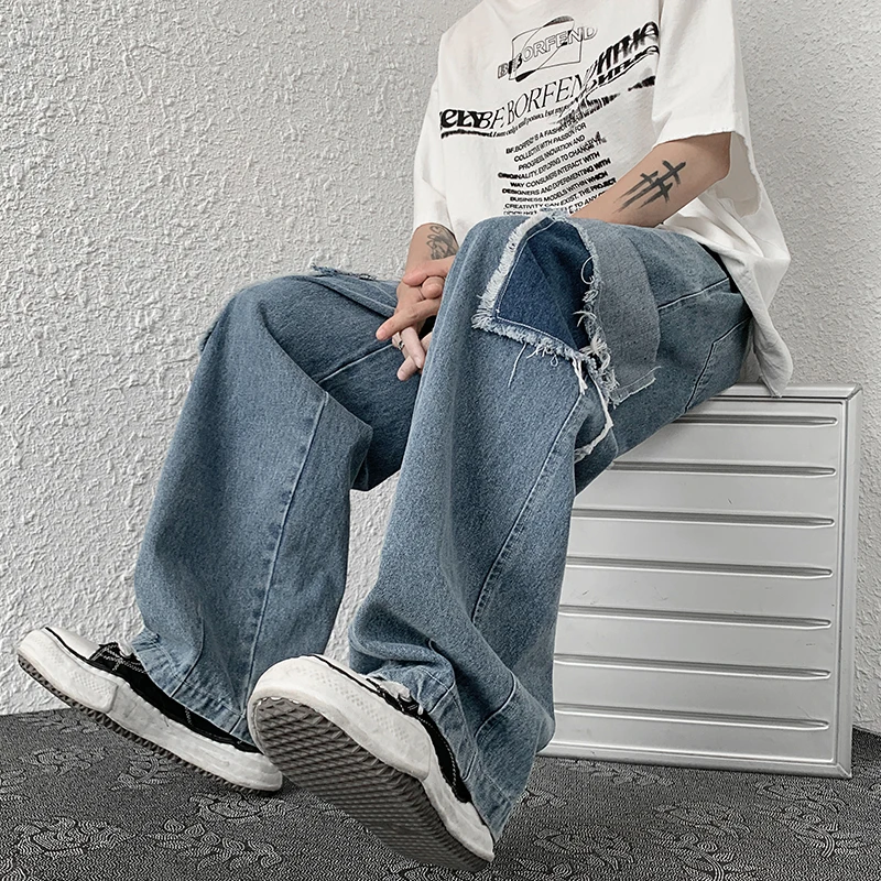 

Streetwear men jeans 2022 spring straight men's jeans pants casual elastic waist solid color denim pants men