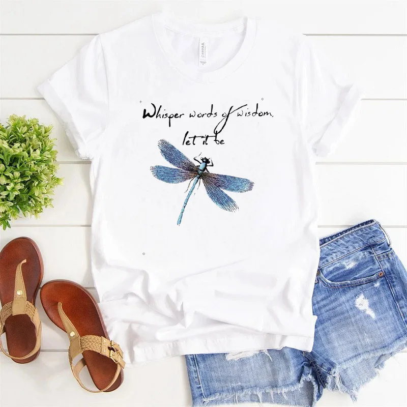 

2023 Dragonfly Printing Short-Sleeved T-shirt Summer Short Sleeve Tops Women T-shirt O-neck Casual Ladies Tee Tops Clothing