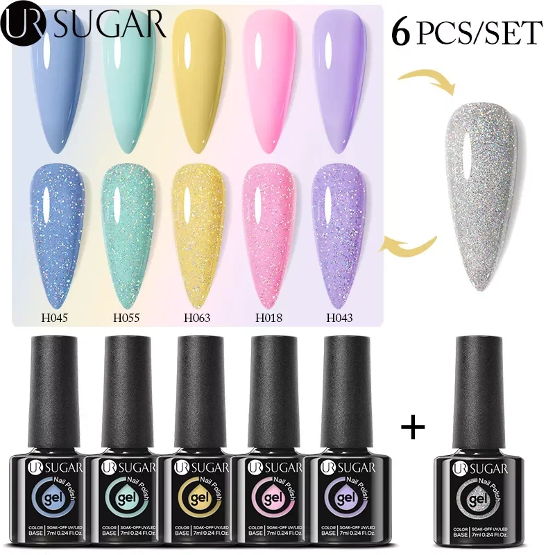 

NEW2022 SUGAR 7ML 6pcs Laser Effect Nail Gel Polish Holographic Set Semi Permanent Soak Off UV LED Gel Hybrid Varnishes Manicur