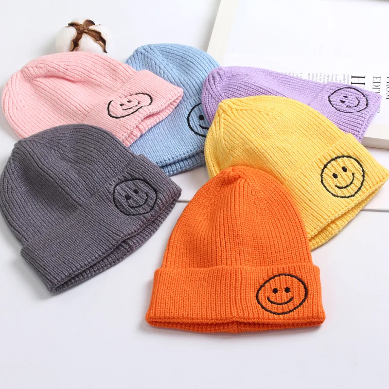 

Soft Baby Hat Knitted Smile Embroidery Winter Hats for Boys Girls Solid Color Children Warm Beanies Winter Kids Accessories