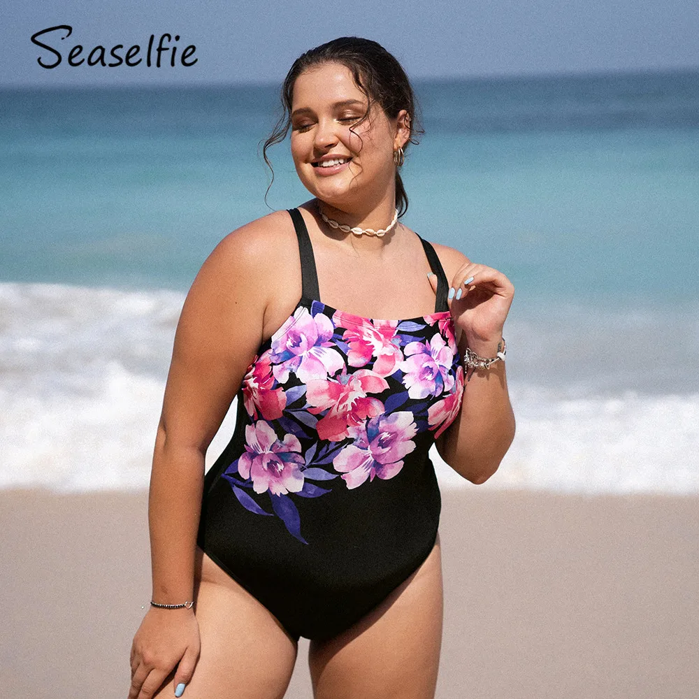 

Plus Size Square Neck Back Tie One Piece Swimsuit Women Black Floral Large Size Sexy Monokini Bathing Suit 2022 Beach Swimwear
