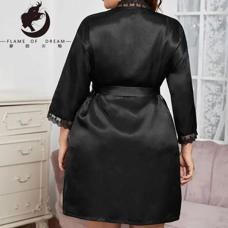 Flame Of Dream Plus Size Lace Nightwear Home Leisure Imitation Silk Cardigan Bathrobe Fashion  Sexy Home Clothes 221457