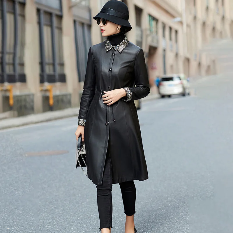 

Sheepskin 100% Jacket Real Leather Women's Motorcycle Leather Jacket Autumn Black Silm Long Coats Jaqueta Couro Feminina