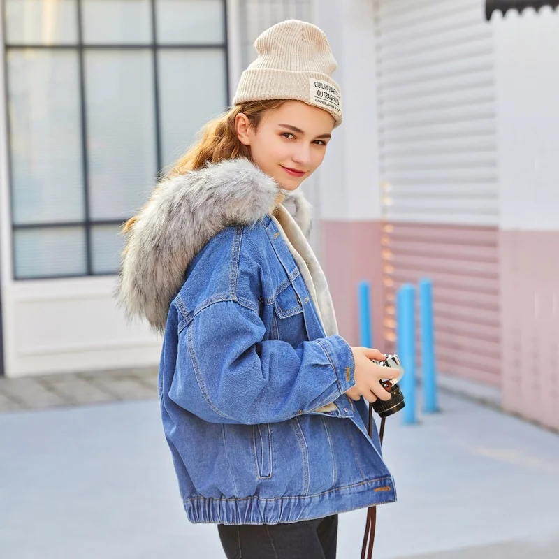 New Plus Velvet Denim Coat Padded Women's Contrast Color Short Thick Fur Collar Winter Warm Denim Hooded Jackets Fresh Sweet