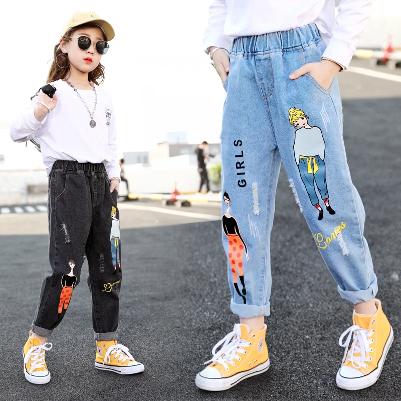

2022 Fashion Cartoon Jeans for Girls Teenage Children Jeans Elastic Waist Denim Pants Kids Trousers for Girls Kids Clothes 4-13T