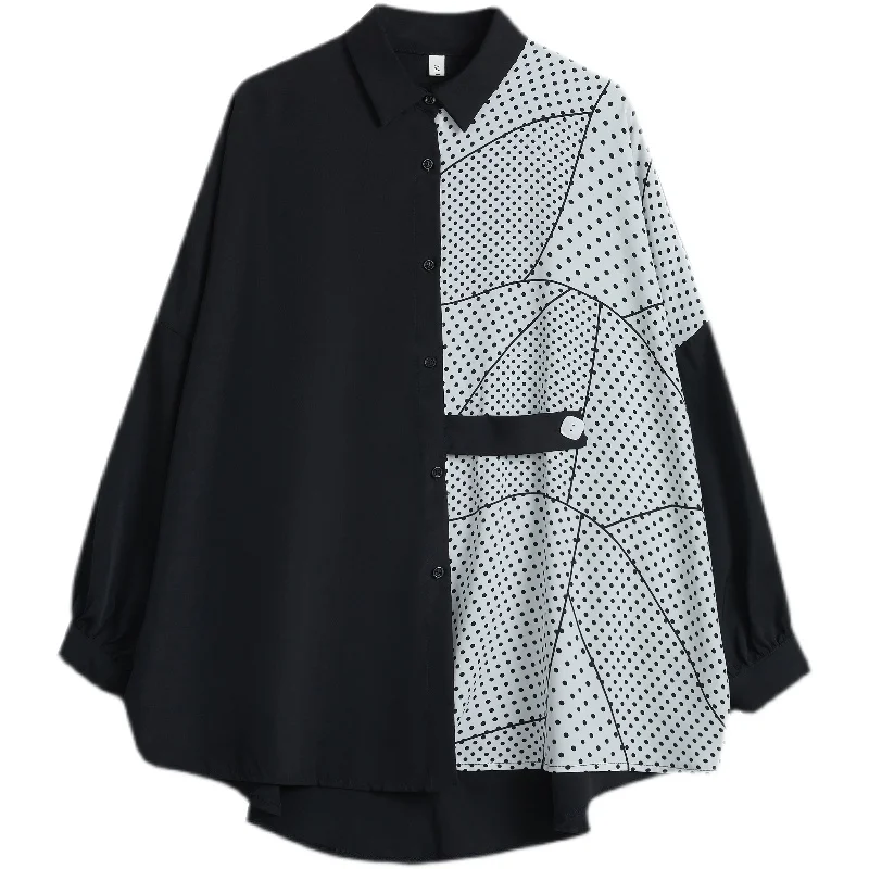 

Summer Blouse Long Sleeve Top Female Clothing Korean Fashion Polo Shirt Chiffon Leisure Pocket Splice Dot Loose Movafag