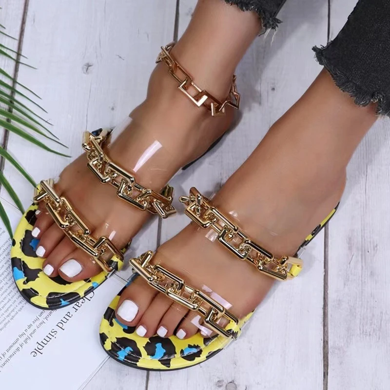 2022 Summer New Large Size Slippers Women's Metal Chain Color Matching Women's One-word Outer Wear Sandals Women's Shoes