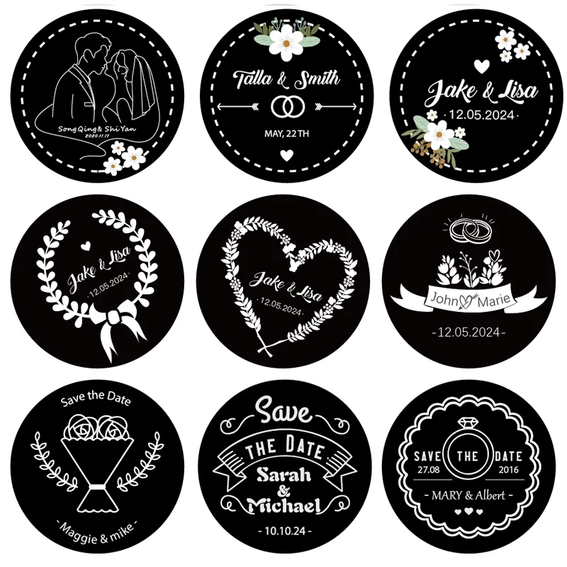 Персонализированные круглые наклейки для украшения свадебной вечеринки Черный