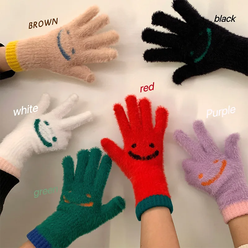 

Cute Cartoon Jacquard Plush Knitted Gloves for Women Autumn and Winter Sweet Candy Color Fashion Warm Touch Screen Mittens