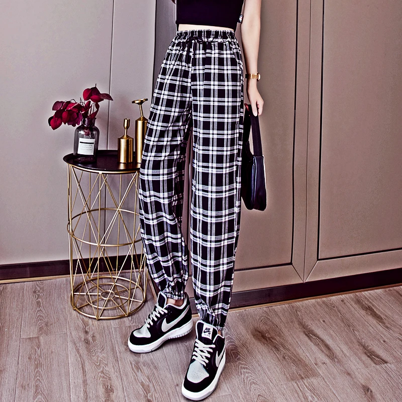 

Women's New Leggings Fashion Loose Black Plaid Summer Harajuku Student Street Harem Pants Women's Long Chic