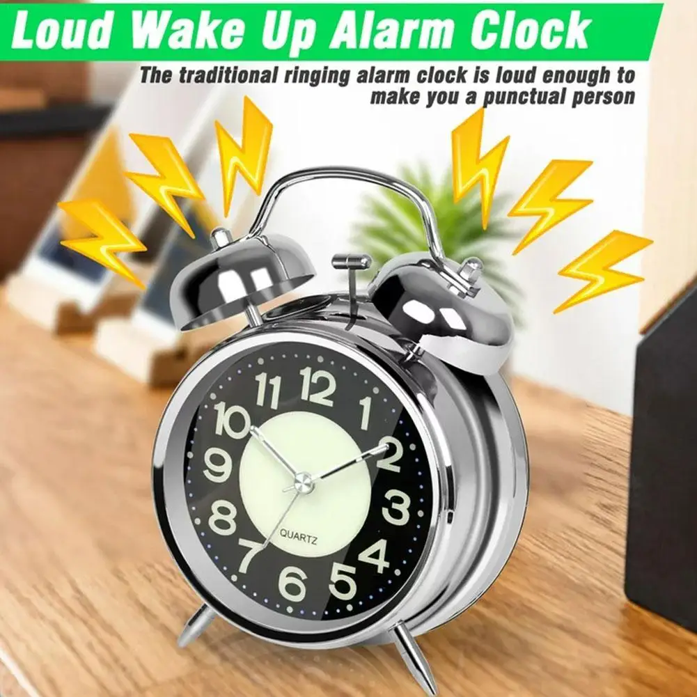 

4-inch Glow-in-the-dark Silver Copper Gold Ringing Alarm Clock Mute With Night Light Alarm Clock Very Loud Heavy Sleep Dual