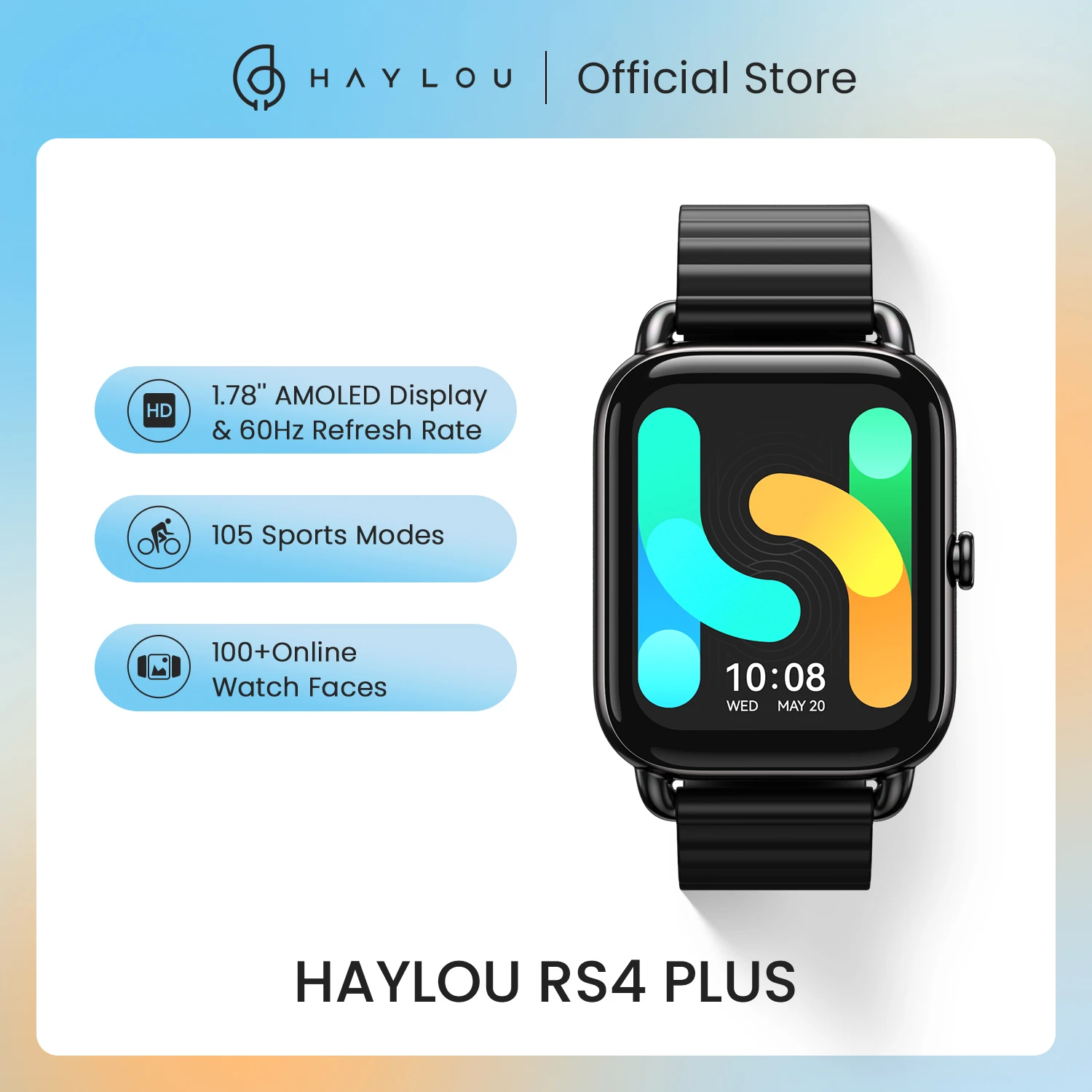Смарт-часы HAYLOU RS4 Plus, 1,78 дюйма, AMOLED дисплей, 105 спортивных режимов, 10 дней без подзарядки