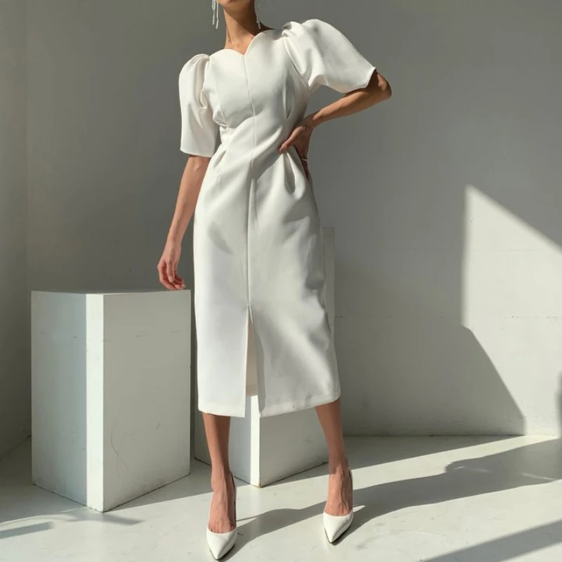 

Summer Dress 2022 Elegant Women Short Puff Sleeve Korea Style Office Lady One Piece Slim Waist Female Fashion Clothes Vestdios