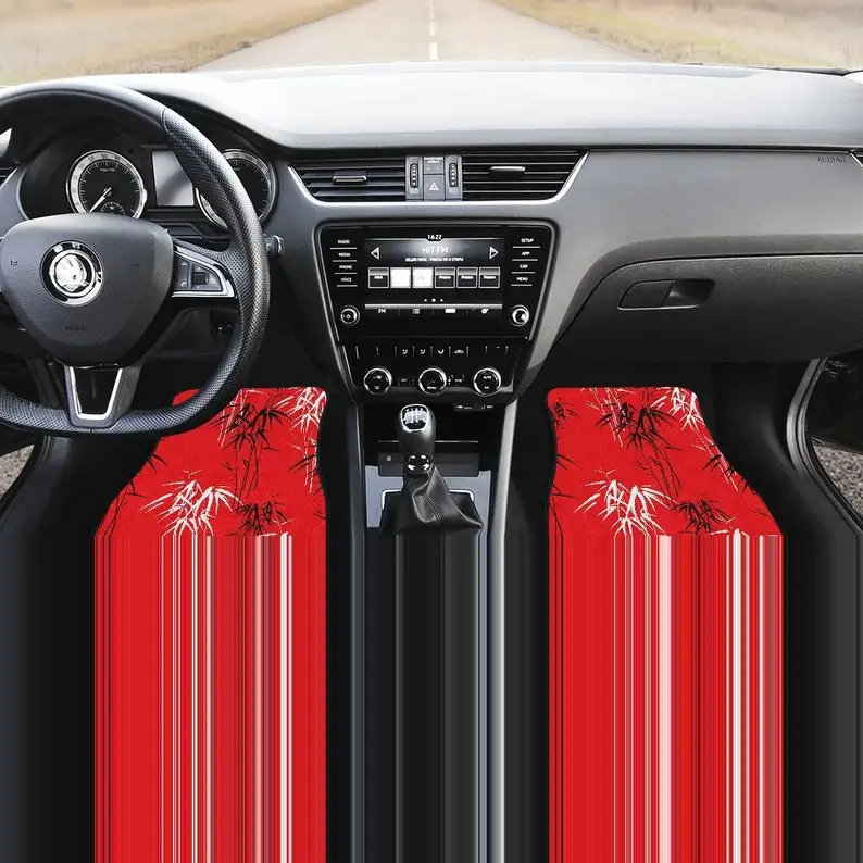 

Red Oriental Leaves Floral Flowers Car Floor Mats Set, Front and Back Floor Mats for Car, Car Accessories