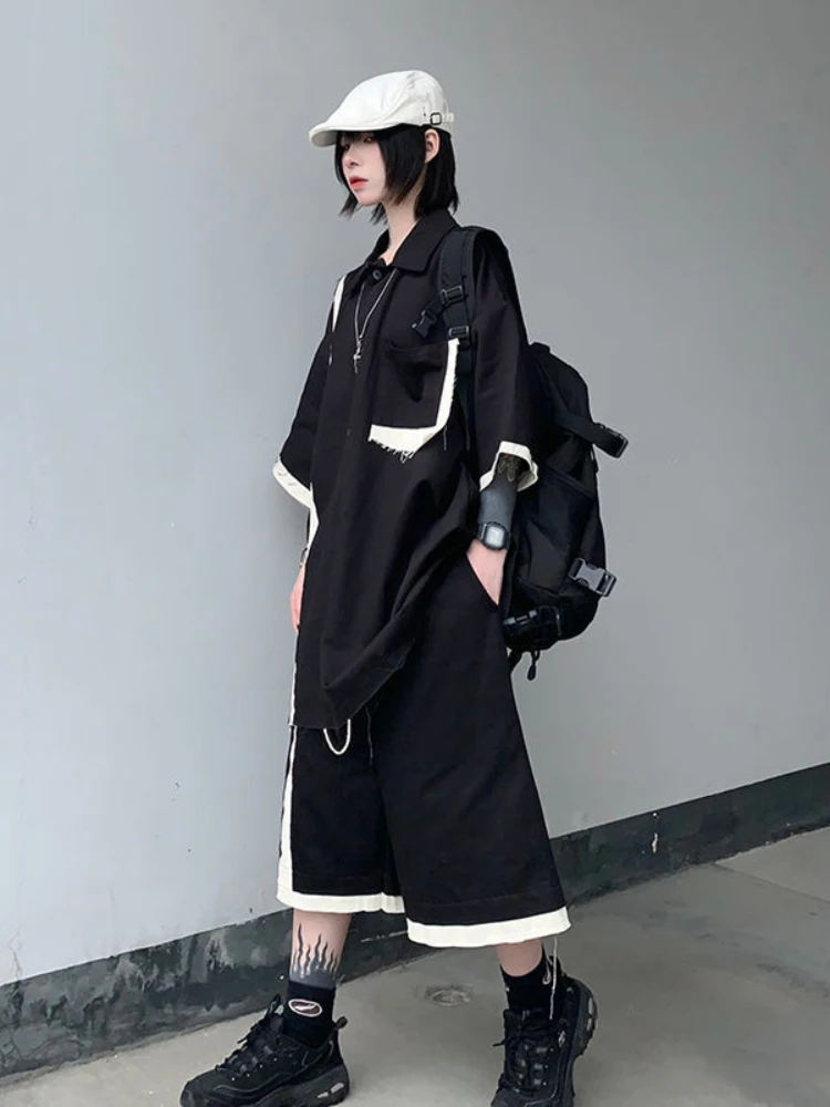 

Tactical 2pcs Suits Cargo Stitching Short-sleeved Shirt + Black Shorts Women Raw Edges Destroy Harajuku Dark Elastic Waist Set