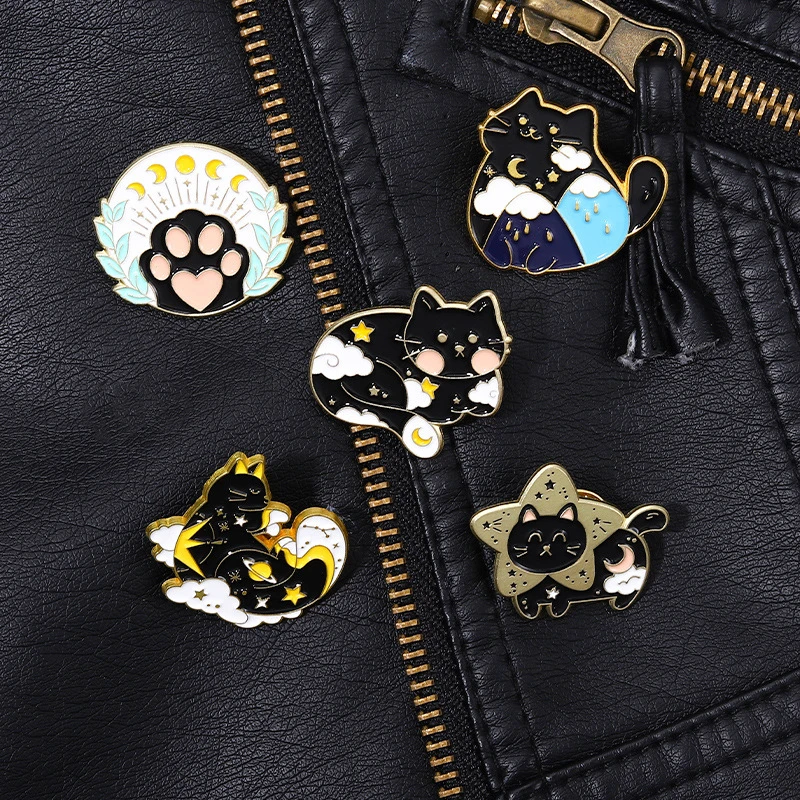 

Starry Cats Enamel Pins Custom Black Kitten Star Moon Phase Paws Brooches Lapel Badges Animal Jewelry Gift For Kids Friends