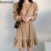 koamissa korean fashion solid corduroy dress women o neck long sleeve mini dresses 2022 vintage ruffles a line dress streetwear