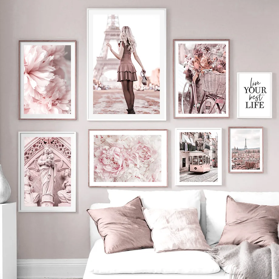 

Paris Woman Cars Flowers Pink Landscape Wall Art Canvas Painting Nordic Posters And Prints Wall Pictures For Living Room Decor