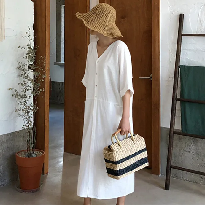 

Женское платье из хлопка и льна SuperAen размера плюс с пятью точками на рукавах 2022, однотонное длинное платье до колена с глубоким v-образным вы...