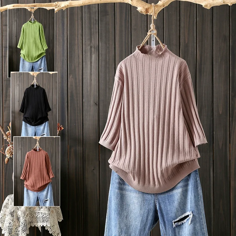 

Oversized 4XL Solid Knitted Women Sweater Pullovers Elasitic Half Sleeved Loose Elegant Office Lady Pulls Tops