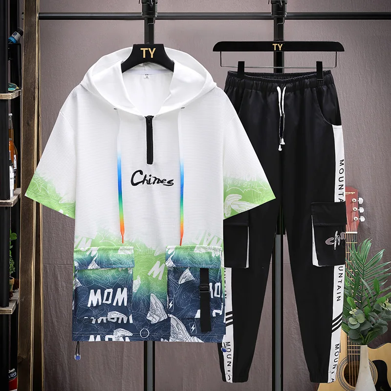 Summer Men's New Youth Ice Silk Loose Fashion Waffle Student Short Sleeve T-shirt Thin Suit Loose
