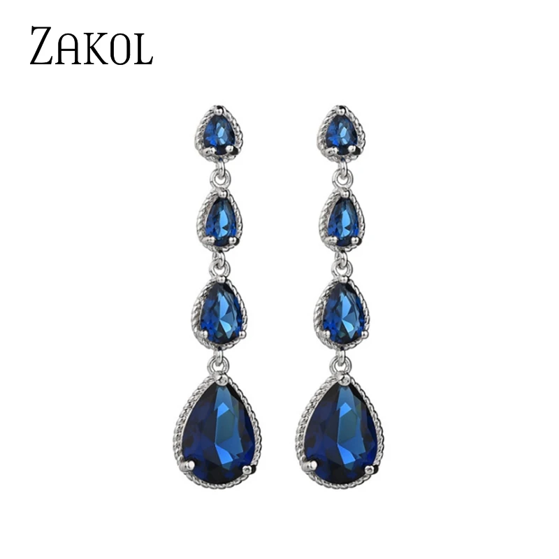 

ZAKOL Luxury AAA Water Drop Cubic Zirconia Long Dangle Earrings Noble Blue CZ Stone Dinner Earring Wedding Jewelry ZE11