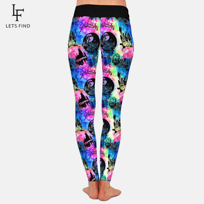 LETSFIND High Quaility 220gsm Milk Silk Print Castle Print Women Pants High Waist Fitness Slim Soft Stretch Leggings