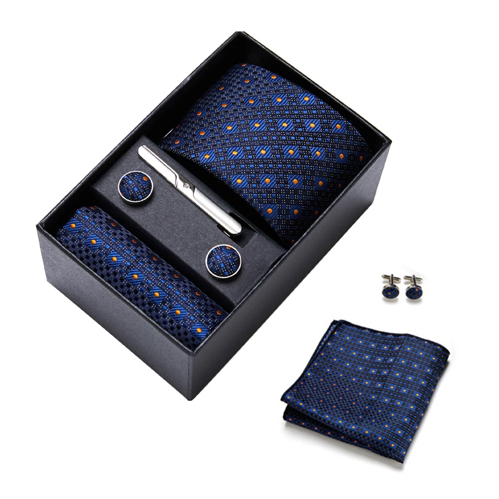 

6pcs Men Ties Set Gift Pocket Square Polyester Cufflink Meeting Business Dating Clip Wedding Necktie Party With Box Extra Long
