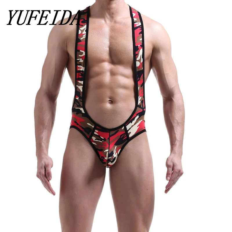 

Mens Bodysuits Camouflage Printed Sexy Jumpsuits Penis Pouch Gay Underwear Wrestling Singlets Leotard Sissy Lingerie Undershirts