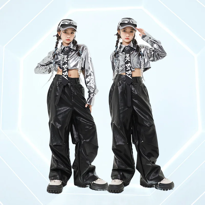 Kpop Girls Jazz Dance Kids Costume Silver Long Sleeved Top Pocket Pants Suit Practice Wear Performance Set Children